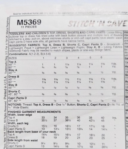 Stitch n Save by McCall's M5369 Girls Ruffled Top Shorts Capri Pants Sizes 1 2 3 - Picture 3 of 5
