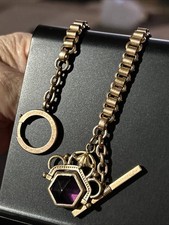 Victorian Rose Gold Fill Purple Watch Fob Spinner Book Link Chain Large Ring
