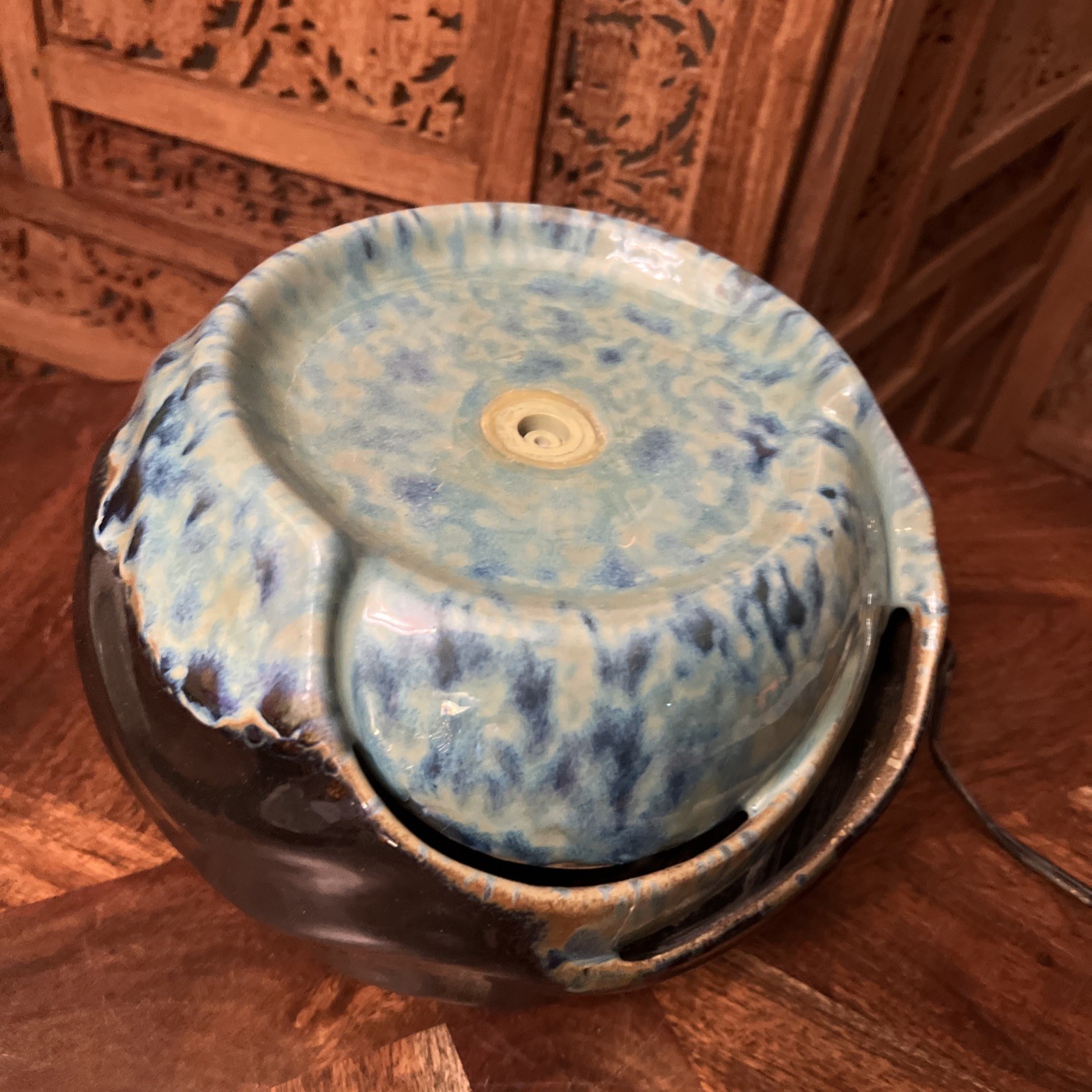 Ceramic Tabletop Cascading Fountain Electric Blue Glaze 7x10 Bubbling Indoor Out