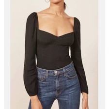 Reformation Corset Top Womens 0 Black Long Sleeve Bustier Sweetheart Smocked