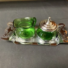 Vintage Farber Brothers Krome-Kraft Green Cream And Sugar, Lid & Tray