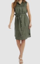 Karen Kane Women's Dark Green Sleeveless Linen Button Up Belted Shirtdress Sz M