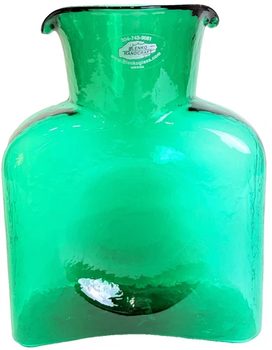 Vintage Blenko Glass Emerald Green Water Bottle Double Spout Pitcher Signed 2001