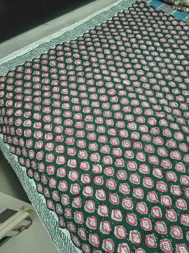 Indian Handmade Throw Kantha Quilt Hand Block Print King Size Bedspread Blanket - Image 2 of 4