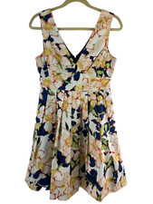 J Crew Sateen Floral Flare Pleated Mini Dress Blue Peach V-Neck C3327 Womens 4