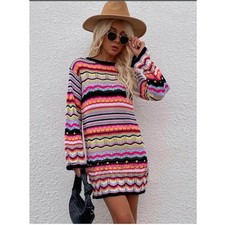 Colorful Hollow Out Crochet Pullover Sweater Dress Round Neck Striped Large C1