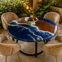 Epoxy Blue Resin Coffee Tabletop Ocean Wave Design Modern Solid Wood Center Deco