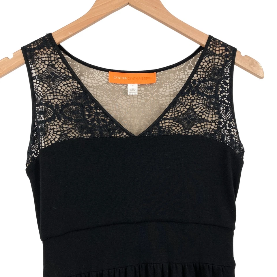 CYNTHIA STEFFE Sheath Dress Women Size 0 Black Pleated V Neck Lace Trim Side Zip - Image 3 of 4