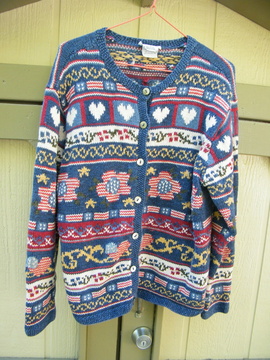 Talbot Hand-Knit Red/White/Blue Heart Theme Cardigan Sweater Size M EUC - Main Image