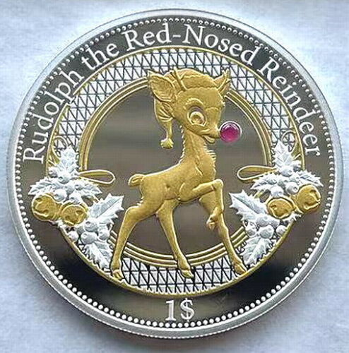 Kiribati 2016 Reindeer Rubby Dollar Gold Plated Silver Coin,Proof - Afbeelding 1 van 2