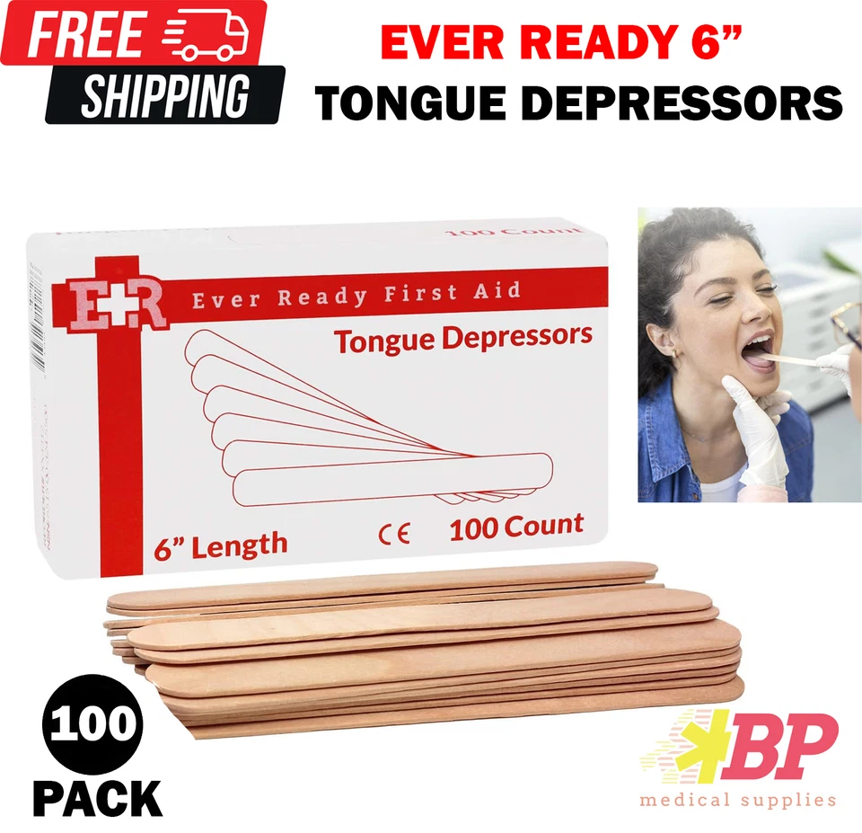 Ever Ready First Aid Wood 6" Tongue Depressors Medical All Purpose - 100CT