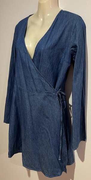 Blue Long Sleeve Short Denim Wrap Dress /Tie Cotton Size12 muui GC