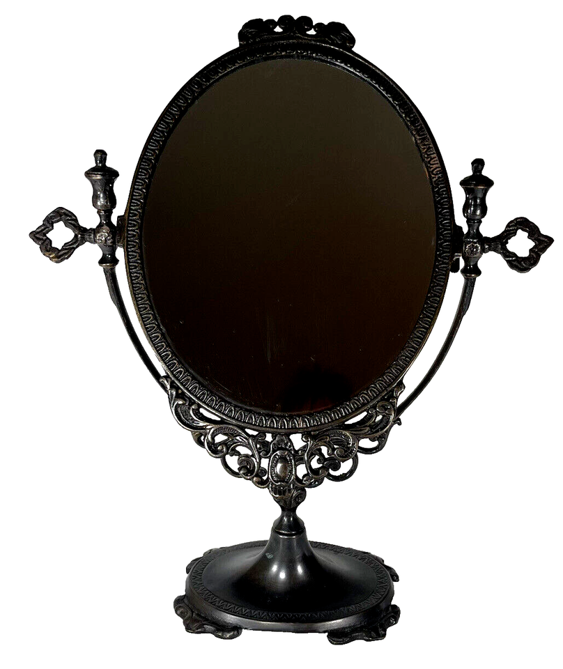 Antique Vintage Oval Mirror Table Top Free Stand Swivels Vanity Bronze