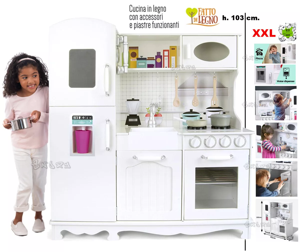 CUCINA GIOCATTOLO PER BAMBINI IN LEGNO GRANDE FRIGO E ACCESSORI