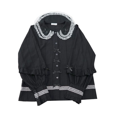 Gothic Lolita Black Blouse with Lace Collar and Bows Vintage Ruffle Long Sleeve