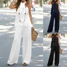 Women 2 Piece Outfits Casual Solid Halter Sleeveless Tops with Wide Leg Pants