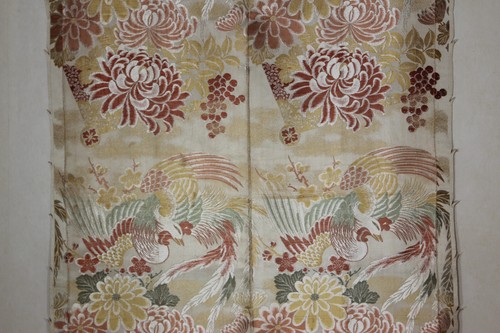 antique textile Japanese hand woven silk maru obi fabric phoenix winter floral 1 - Picture 23 of 24