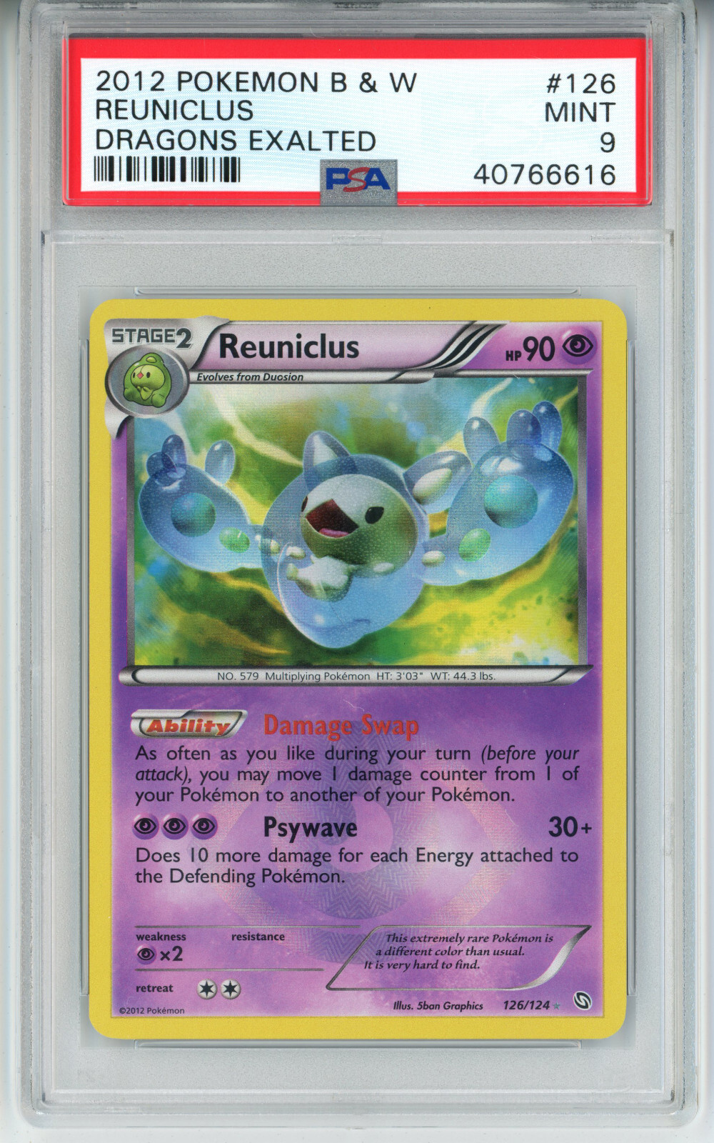2012 POKEMON DRAGONS EXALTED REUNICLUS #126 SECRET RARE PSA 9 MINT #40766616