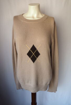 Arch4 Luxury Sustainable 100% Cashmere Sweater Argyle Diamond Tan Brown M