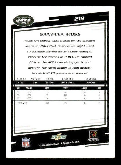 2004 Score #219 Santana Moss New York Jets - Image 2 of 2