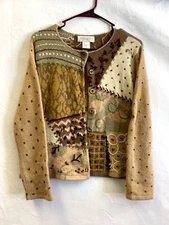 Susan Bristol Hand Embroidered Brown Cardigan Button Sweater Sz Medium Petite