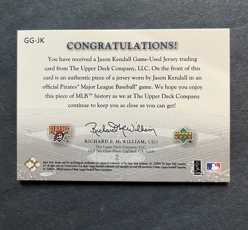 2003 Upper Deck Game Face Gear Jason Kendall #GG-JK Game Used Jersey Patch Relic - Picture 2 of 2