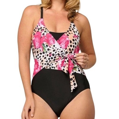 Noon Swim Womens Leopard Floral Wrap Front One Piece Swimsuit Black Pink Size 12