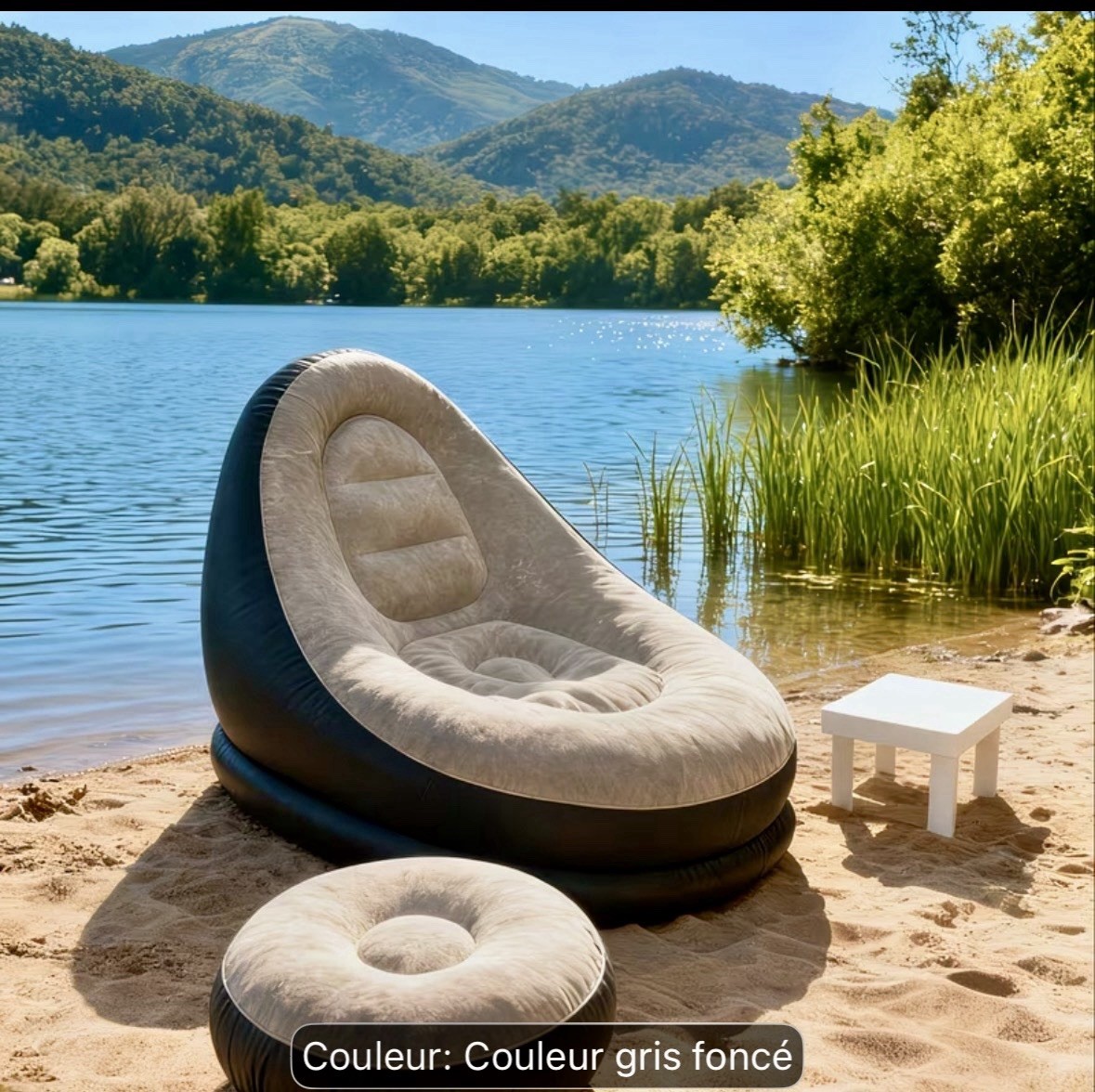 Fauteuil gonflable velours gris foncé et son pouf au design contemporain