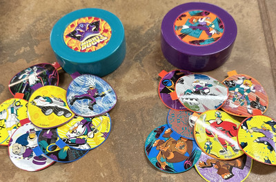 2 Vintage Mighty Ducks Walt Disney Animated Series Promo Puck w/ 8 Stickers ea.