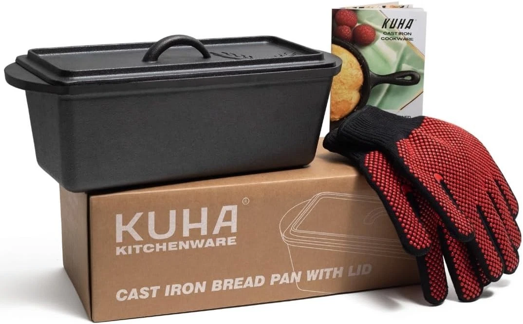 KUHA Cast Iron Bread Loaf Pan with Lid + Heat Resistant Gloves - Pre-Seasoned...