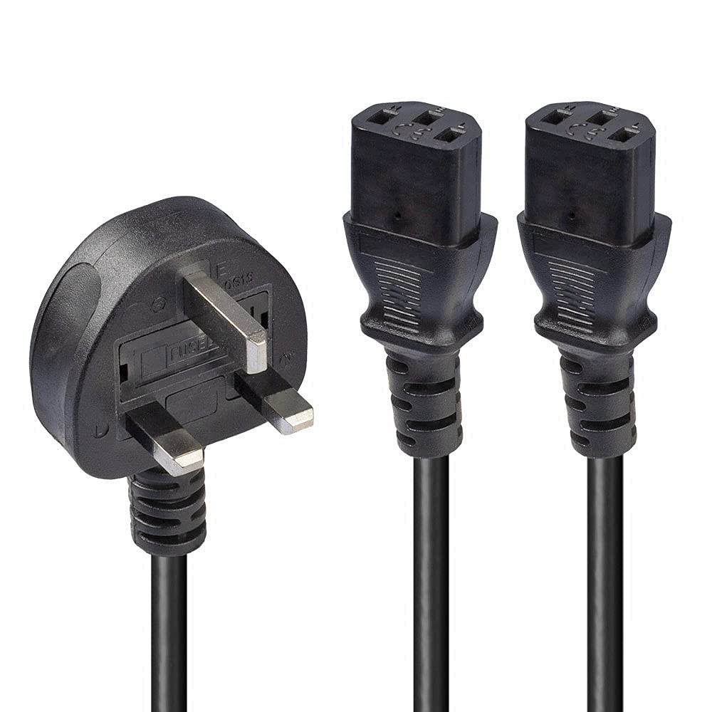 Lindy 2.5m UK 3 Pin Plug to Dual IEC C13 Splitter Extension Cable Black