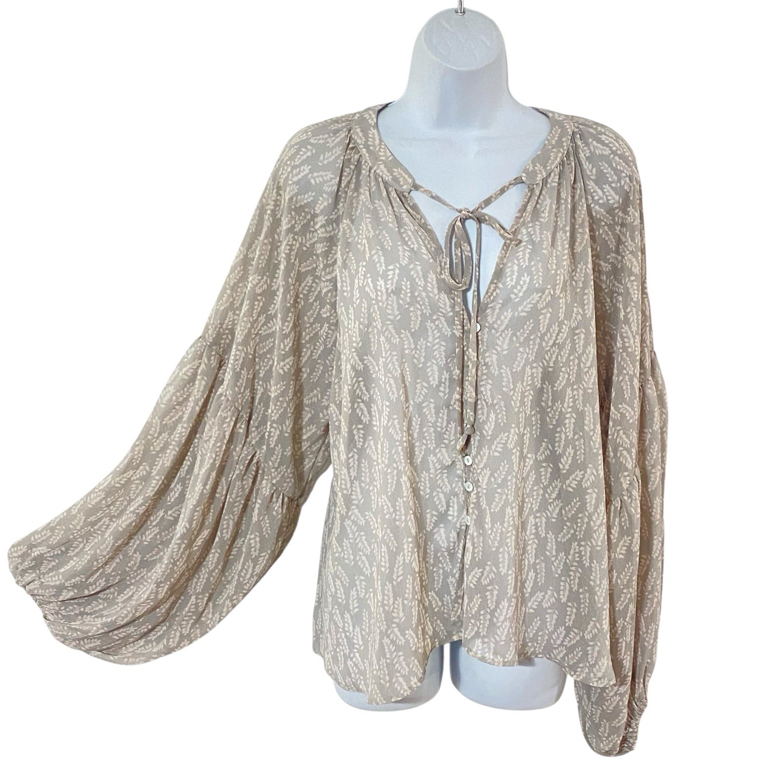 BY TOGETHER Sheer CHIFFON Gray L Balloon Sleeve PEASANT BLOUSE All-Sheer