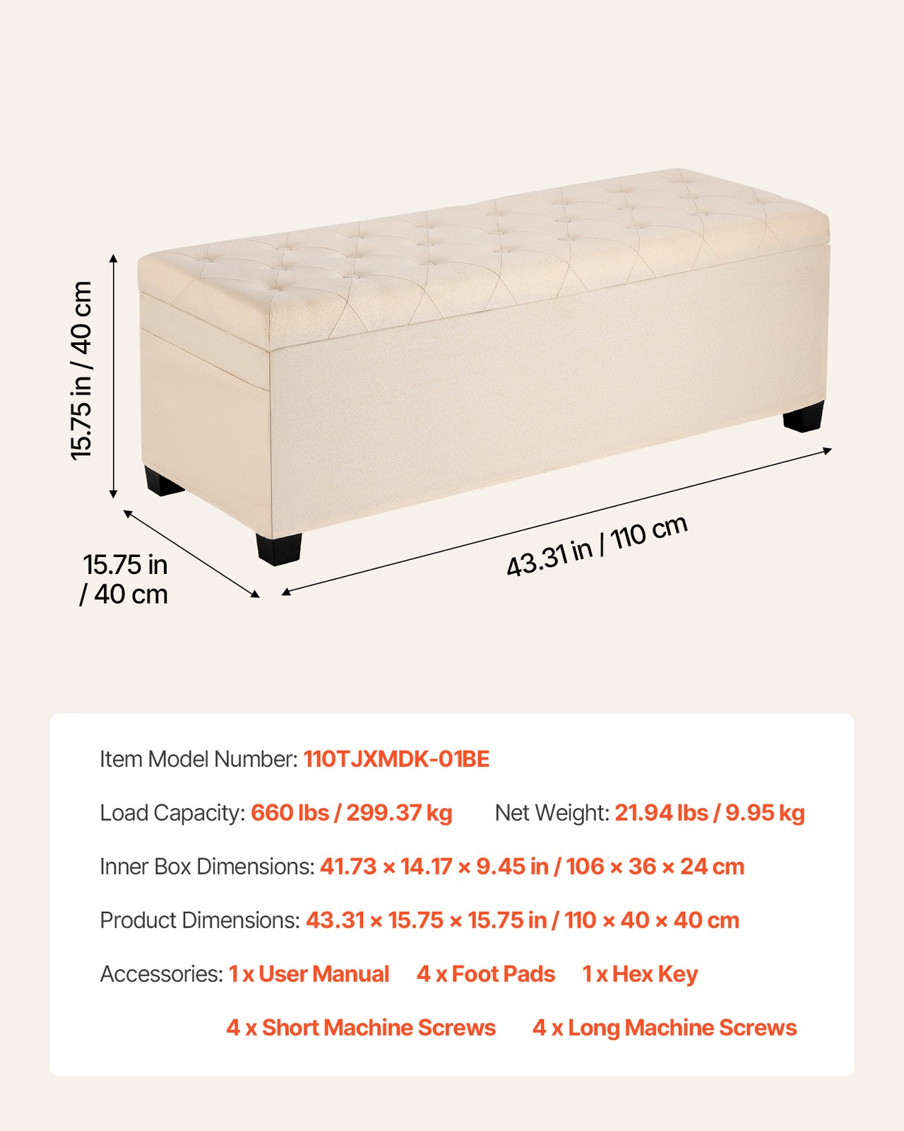 VEVOR Storage Ottoman Bench Button-Tufted End of Bed Bench Metal Frame Beige