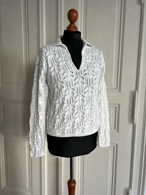 Vince Strickpullover Ajour weiße Baumwolle Polokragen Pullover Gr. S