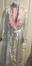 Victoria's Secret Robe M/XL White Pink Satin Lined Belted Long Wrap Vintage 90s