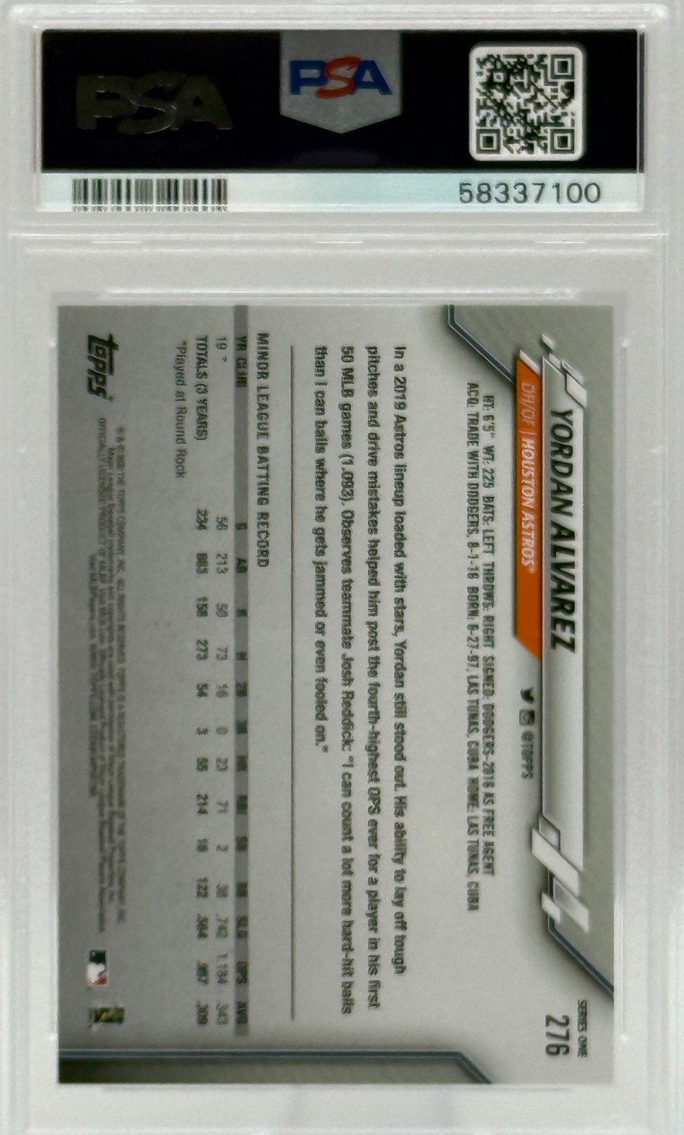 Yordan Alvarez (RC) (2020) Topps #276 Rookie Card view 2