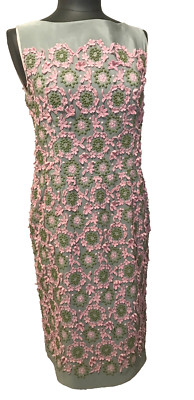 Prada LadiesDress Green And Pink Lace Embroidery Boat Neck Size : 46 Silk/Cotton