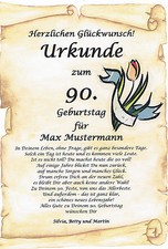 URKUNDE ZUM 90 92 95 100  ... GEBURTSTAG AUSGEFALLENES PERS&Ouml;NLICHES GESCHENK
