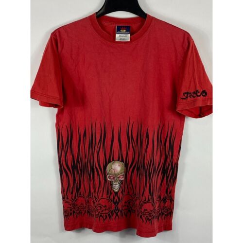 Vintage Y2K JNCO Jeans AOP Skull & Flames Tribal TS RARE Red M Made in USA D473 - Picture 1 of 5