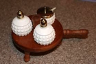 VTG HOB KNOB WHITE MILK GLASS CONDIMENT HOLDER W/ WOOD STAND