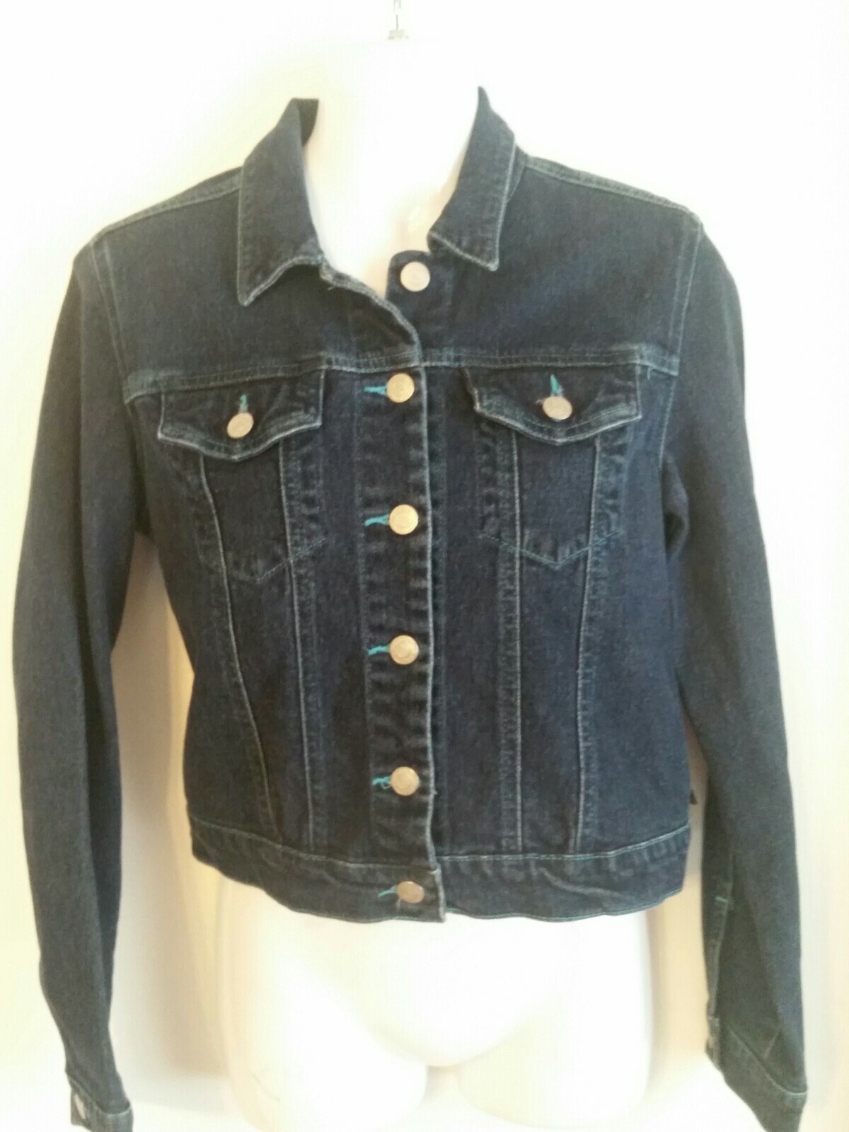 Polo Jeans Co Ralph Lauren M Denim Jacket Dark Blue Turquoise Stitching RARE!