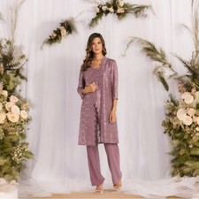 3-Pcs Pants Suit R M Richards Donna Metallic Lace Tank Top Pants Lace Jacket Set