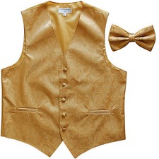 New formal men's tuxedo waistcoast vest bowtie Gold Paisley wedding party