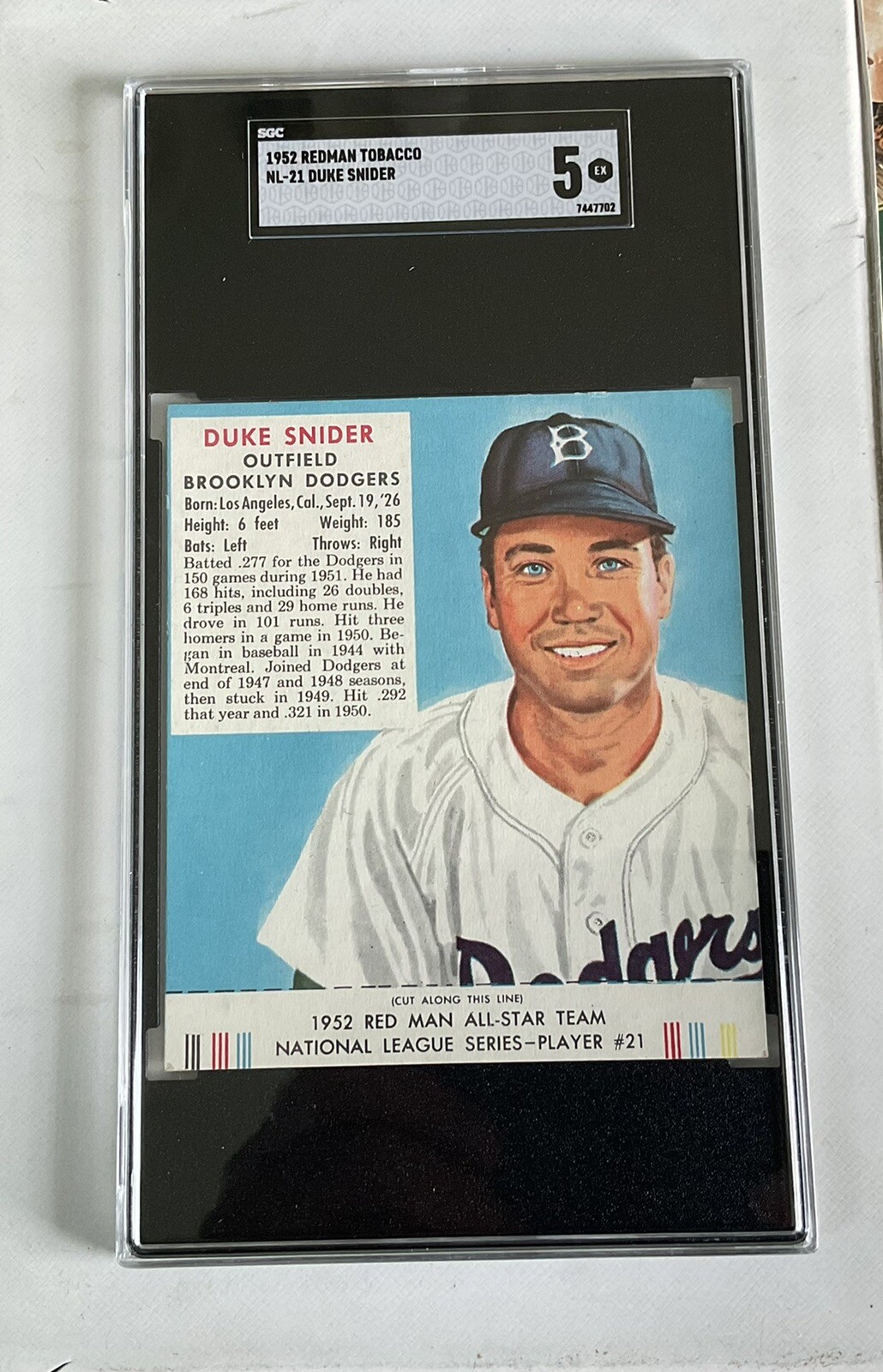 1952 RED MAN TOBACCO = NL #14  DUKE SNIDER   WITH TAB = SGC  5 = EX - Picture 8 of 8