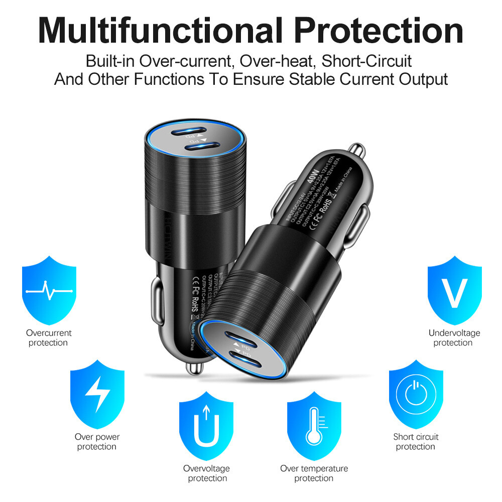 40W Dual Port USB C Car Charger PD Adapter Type C Cord For iPhone