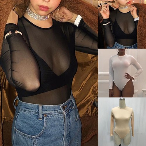 SamHeng Body Femme Manches Longues Maille Transparente - Clubwear Col Haut Slim Fit Justaucorps Sexy