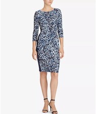 Lauren Ralph Lauren Dress Women 8 Blue Print Sheath Shift 3/4 Sleeve Jersey Knit