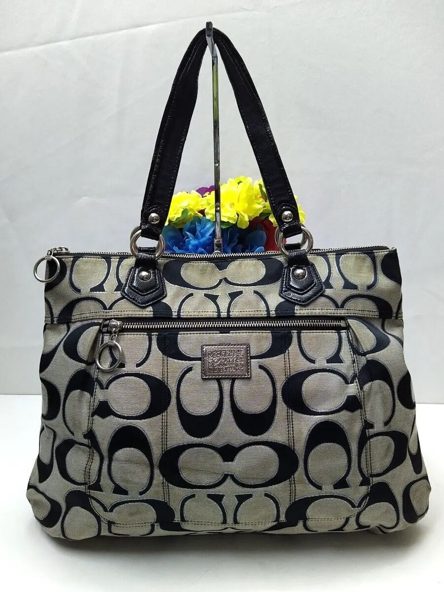 Coach Poppy Signature Black Gray Canvas Zipper Closure Tote Coach Poppy Signature Black Gray Canvas Zipper Closure Tote