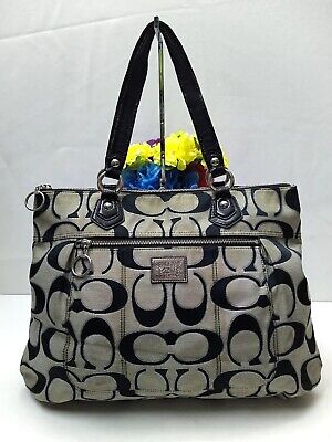 Coach Poppy Signature Black Gray Canvas Zipper Closure Tote Coach Poppy Signature Black Gray Canvas Zipper Closure Tote