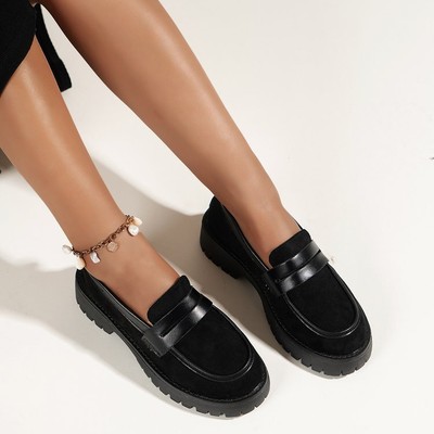 Women Loafers Slip On Round Toe College Chunky Heel Flat Comfy Walking Shoes